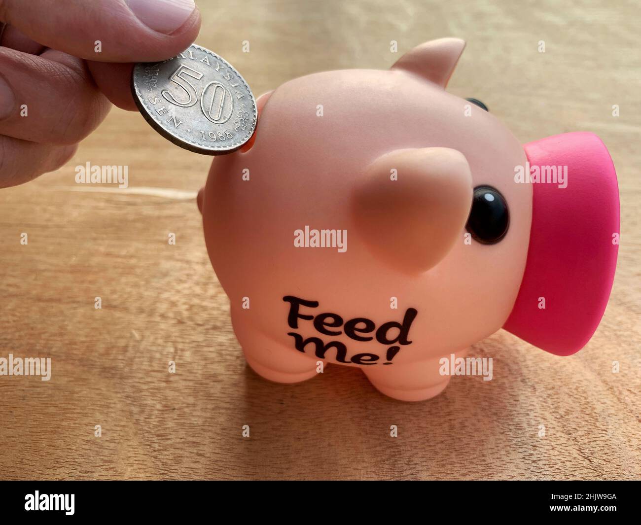 Hand putting money coin into piggy for saving money wealth and ...