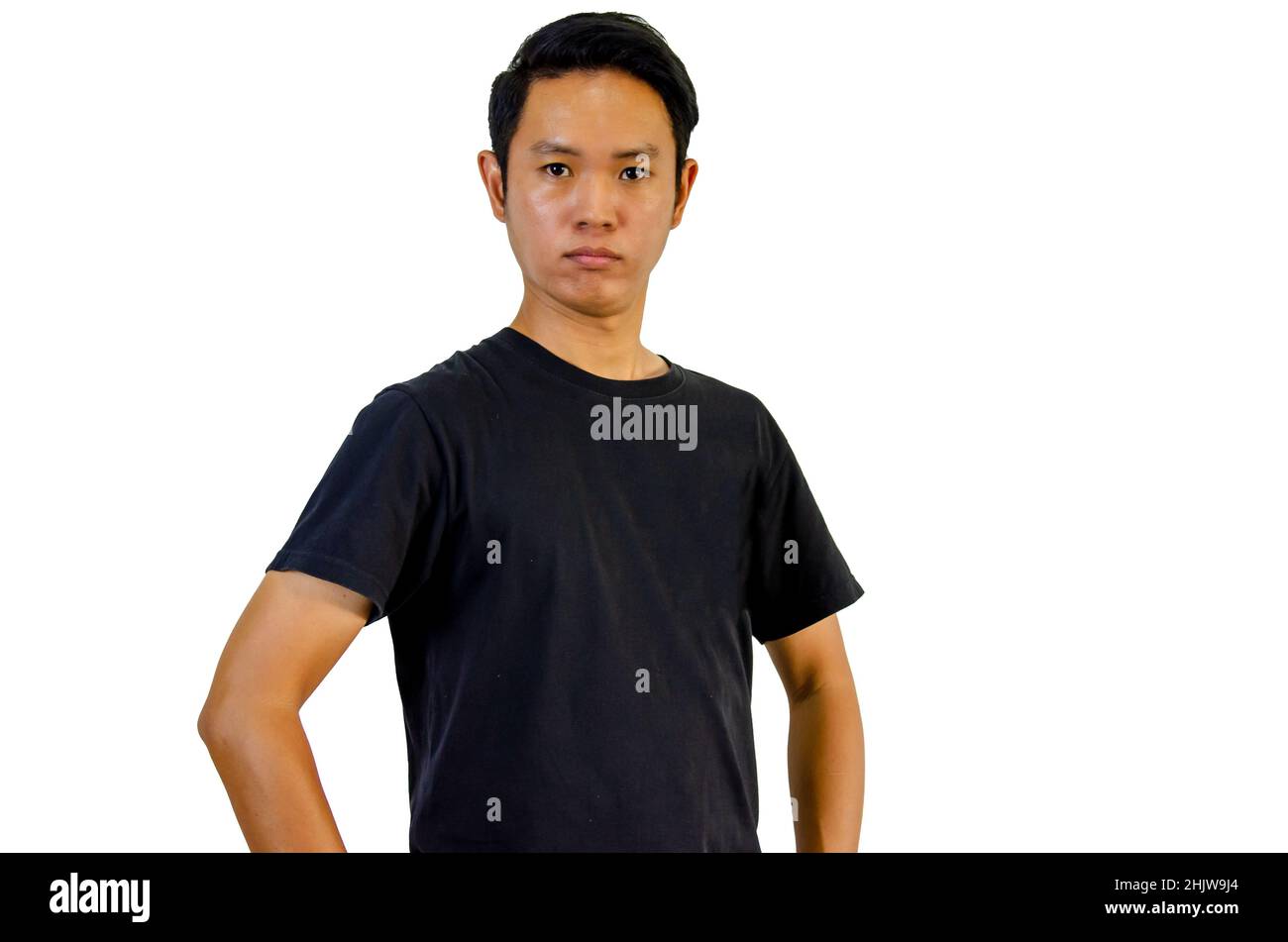 Asian man wearing black t-shirt on white background Stock Photo