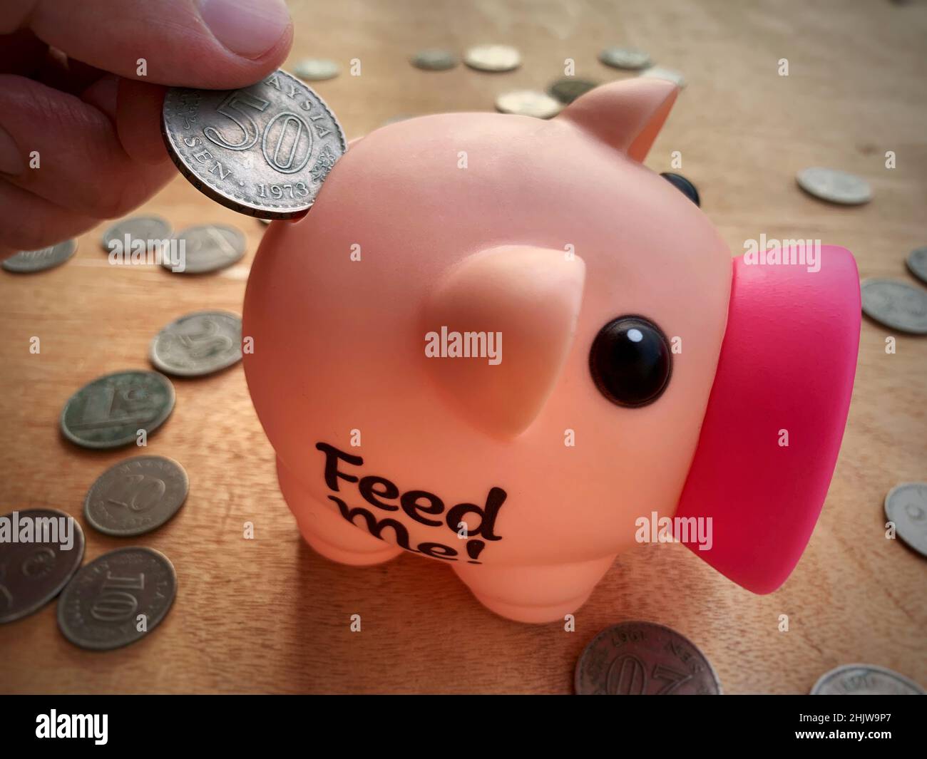 Hand putting money coin into piggy for saving money wealth and ...