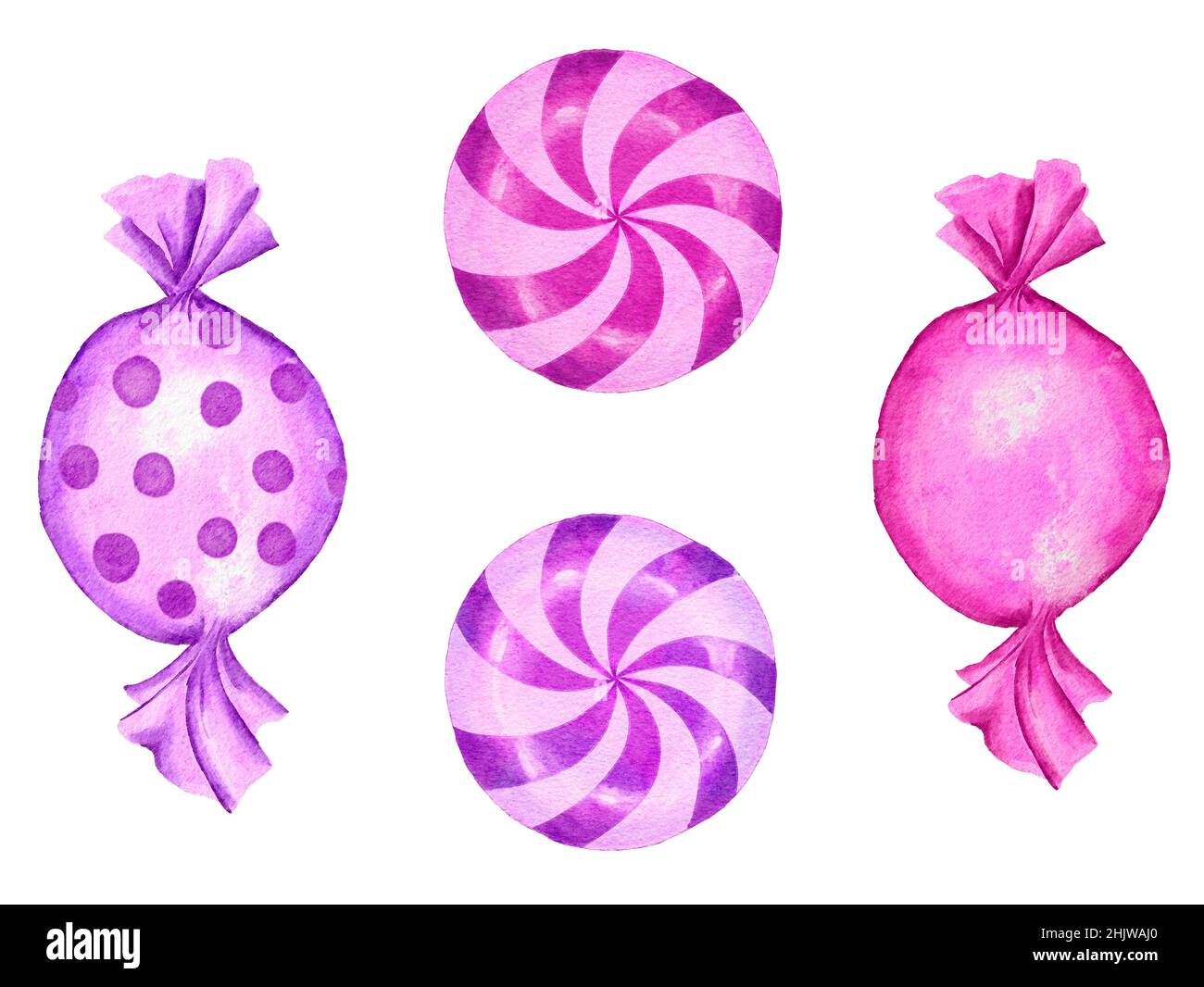 Watercolor hand drawn isolated illustration of pink purple candy, pastel candies sweets dessert. Bright party food, elements for birthday baby shower decor. Swirl lollipop hard sugar bonbon in polka dot Stock Photo