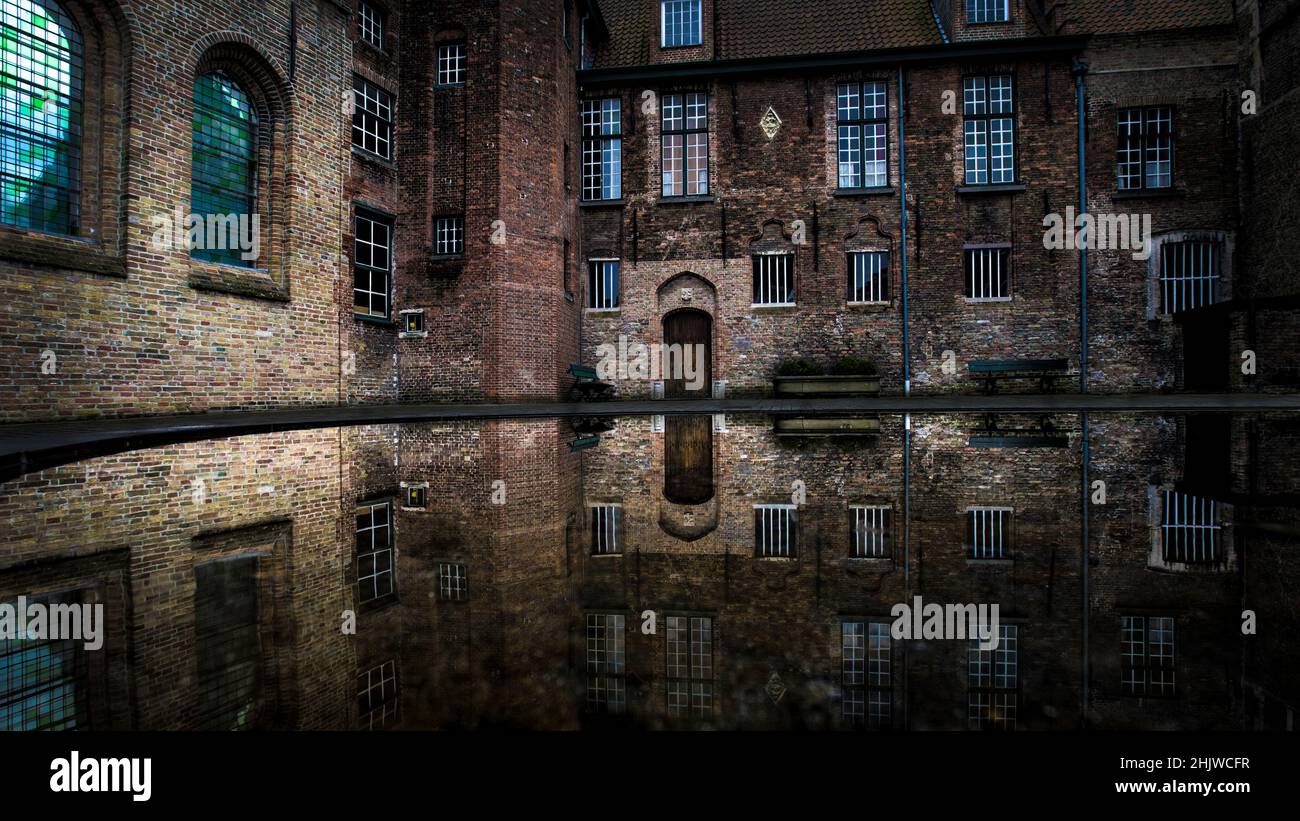 Reflection Pond,  Bruges, Belgium. Travel Photography Stock Photo