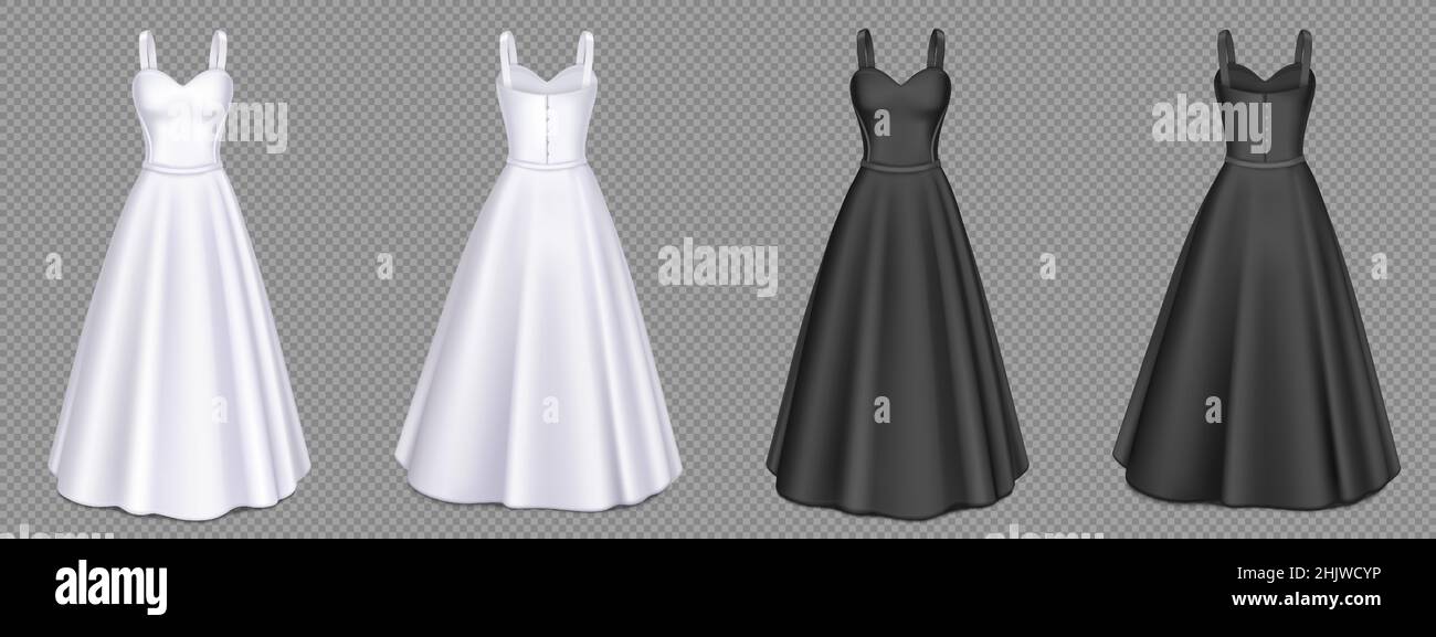 Women white and black dresses with corset and maxi skirt in front and back view. Vector realistic 3d mockup of blank girls evening gown with sweetheart neckline isolated on transparent background Stock Vector