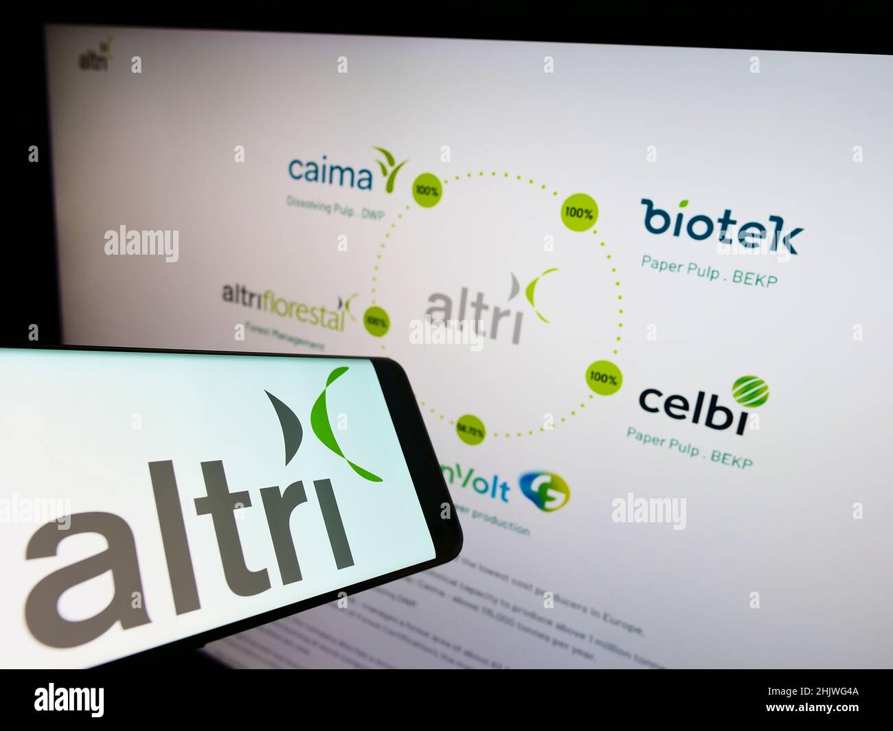 Cellphone with logo of Portuguese conglomerate Altri SGPS S.A. on screen in front of business website. Focus on right of phone display. Stock Photo