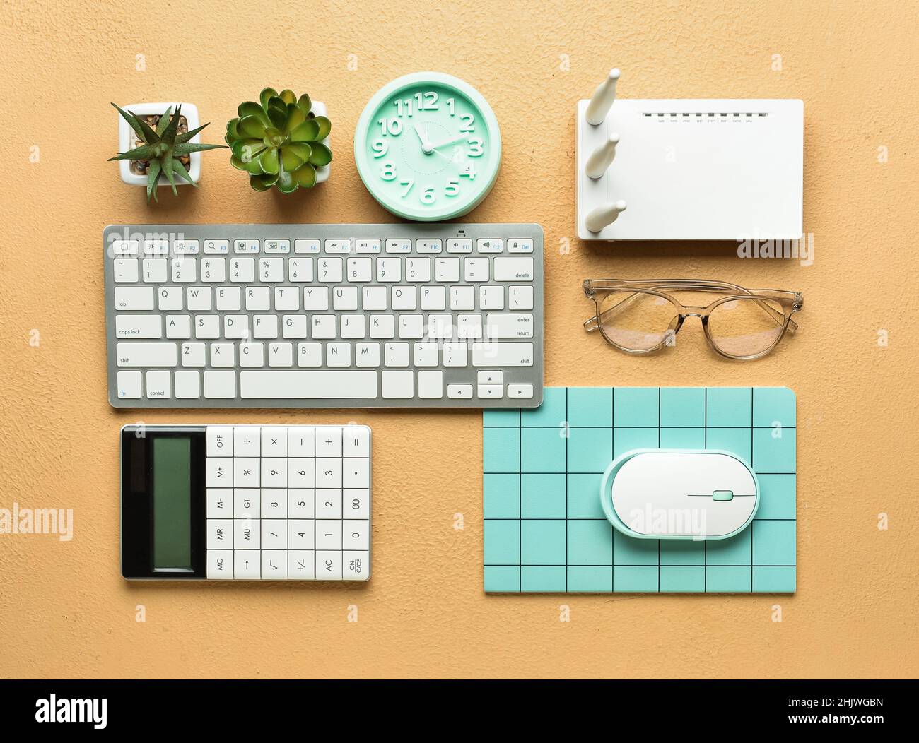 Different gadgets on color background Stock Photo