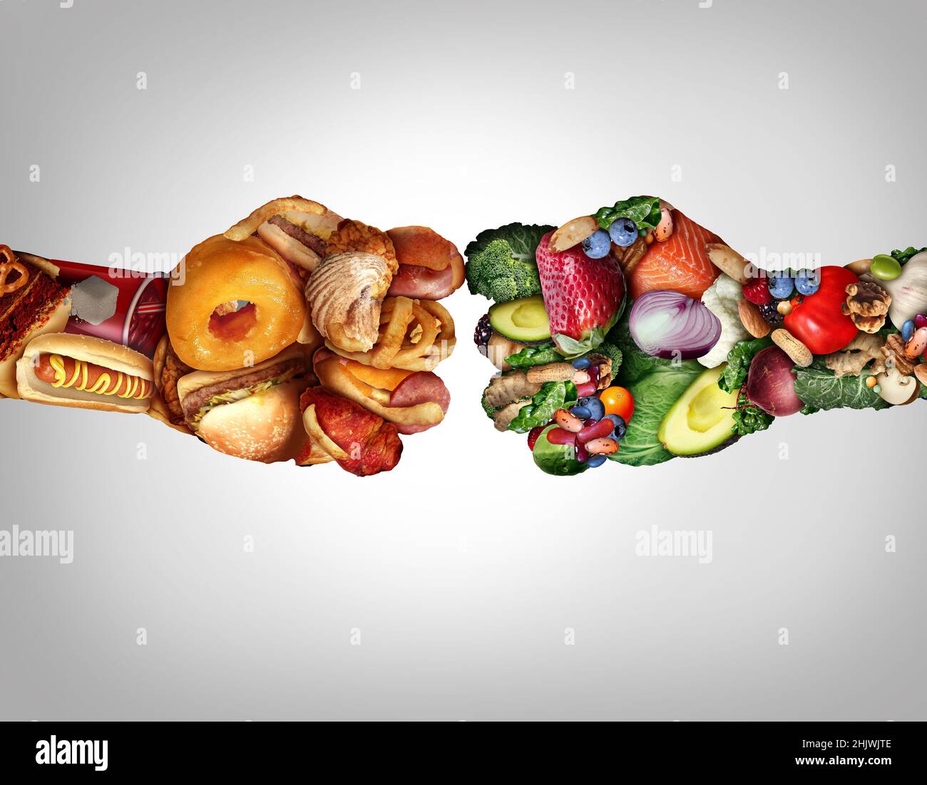 Diet fight and food battle nutrition concept as fresh healthy nutritious foods fighting unhealthy high fat snacks shaped as fists punching. Stock Photo