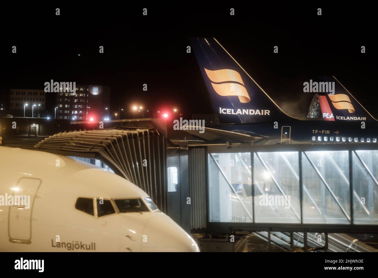 Reykjavik, Iceland - January 30, 2022. Icelandair aircraft sit on the ramp at Keflavik Airport. Stock Photo