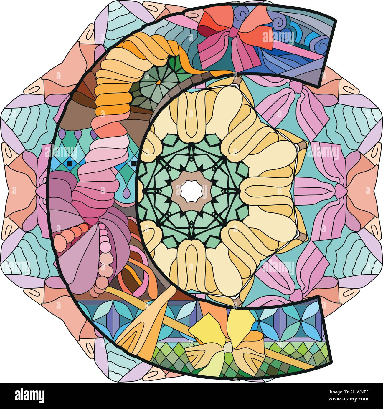 Letter C monogram on mandala, engraving design. Vector illustration. Stock Vector