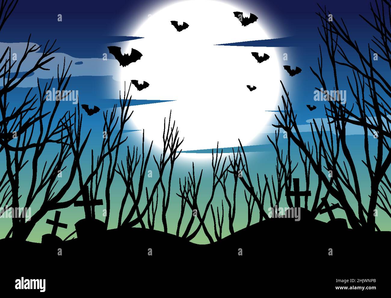 Spooky forest silhouette with full moon and bats illustration Stock ...