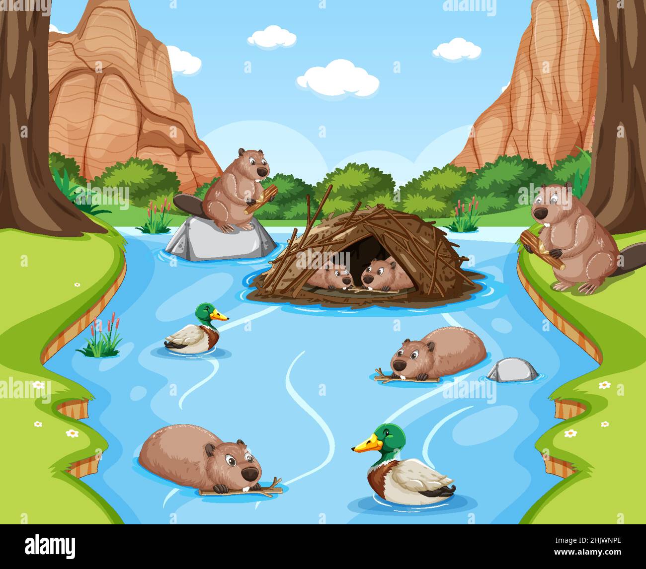Forest nature background with wild animals illustration Stock Vector ...