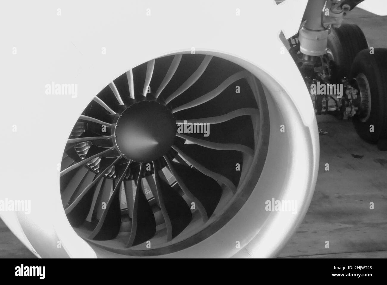 Grayscale closeup of an airplane engine on the ground Stock Photo - Alamy