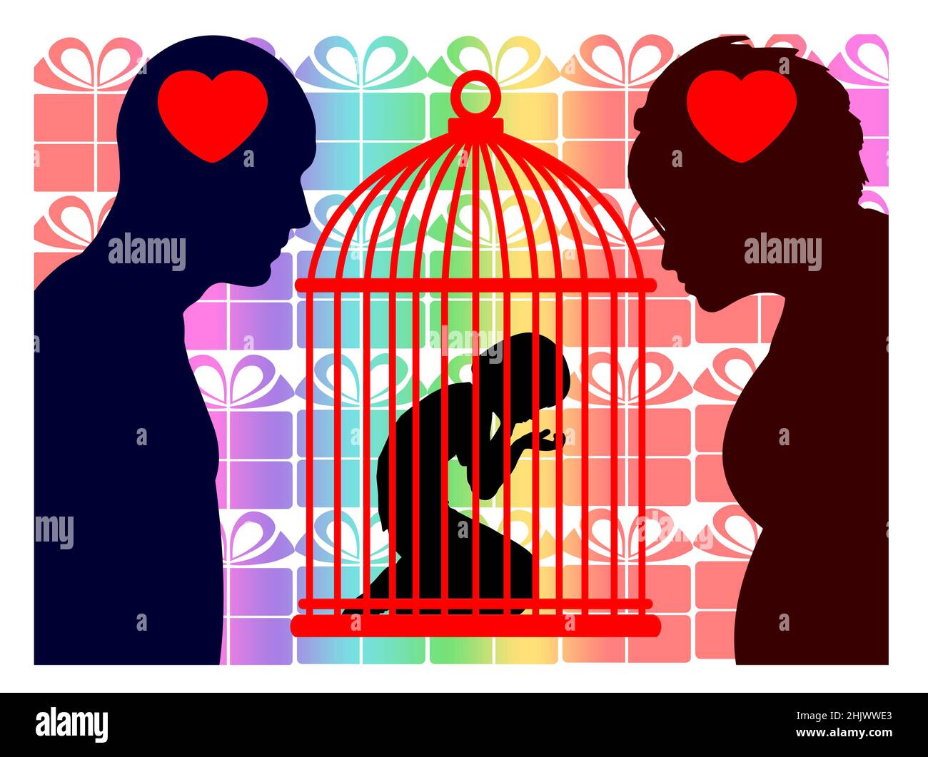 Father and mother try to shield their beloved child from any kind of physical, mental or emotional pain: Life like living in a cage. Stock Photo