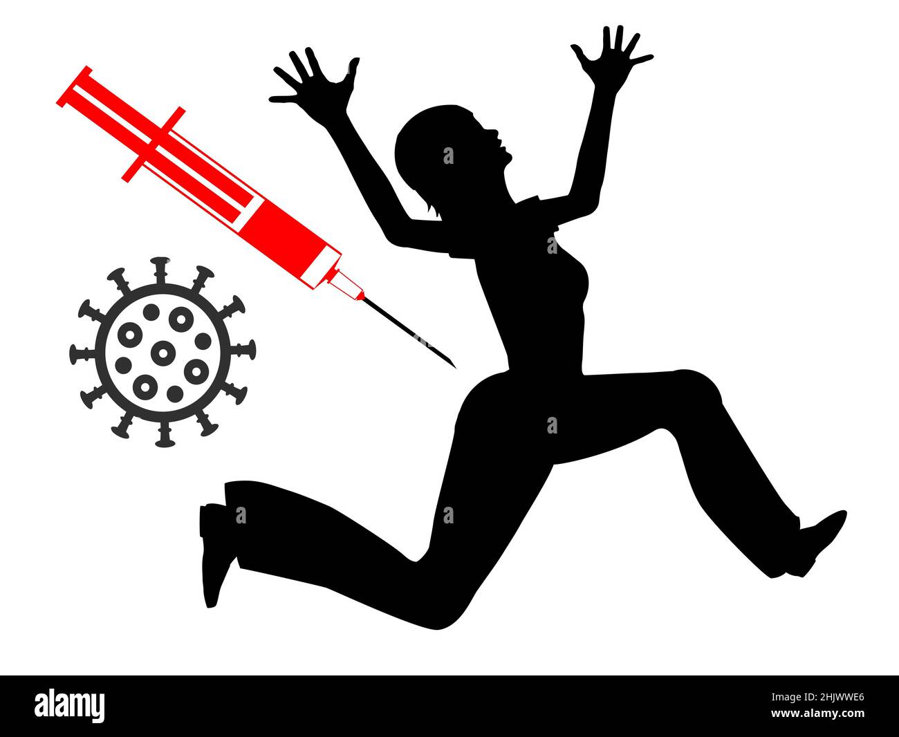 The fear of injections drives woman in panic away from getting vaccinated. Stock Photo