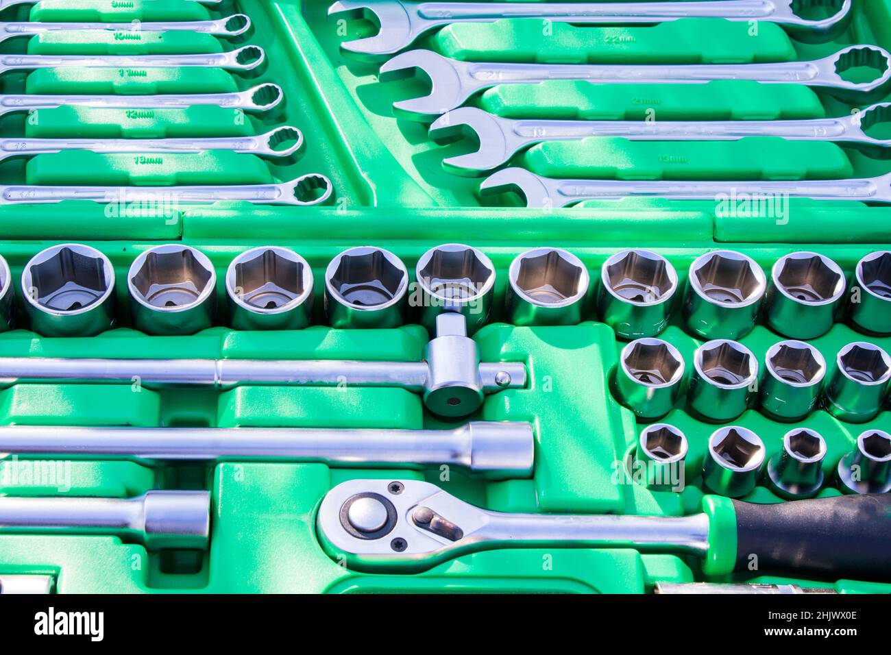 Large group of wrenches, professional kit, different metal wrenches Stock Photo