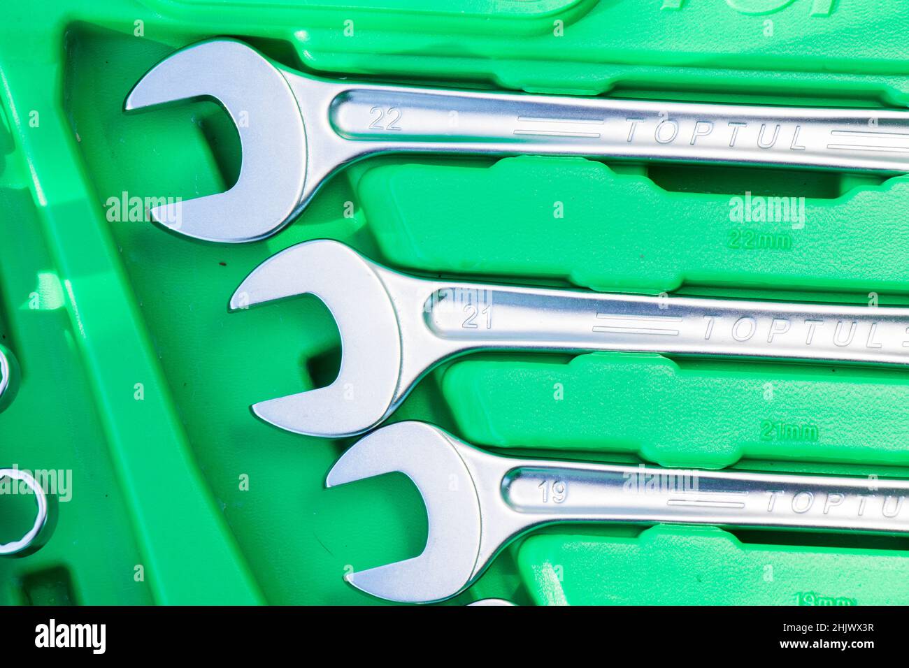 Large group of wrenches, professional kit, different metal wrenches