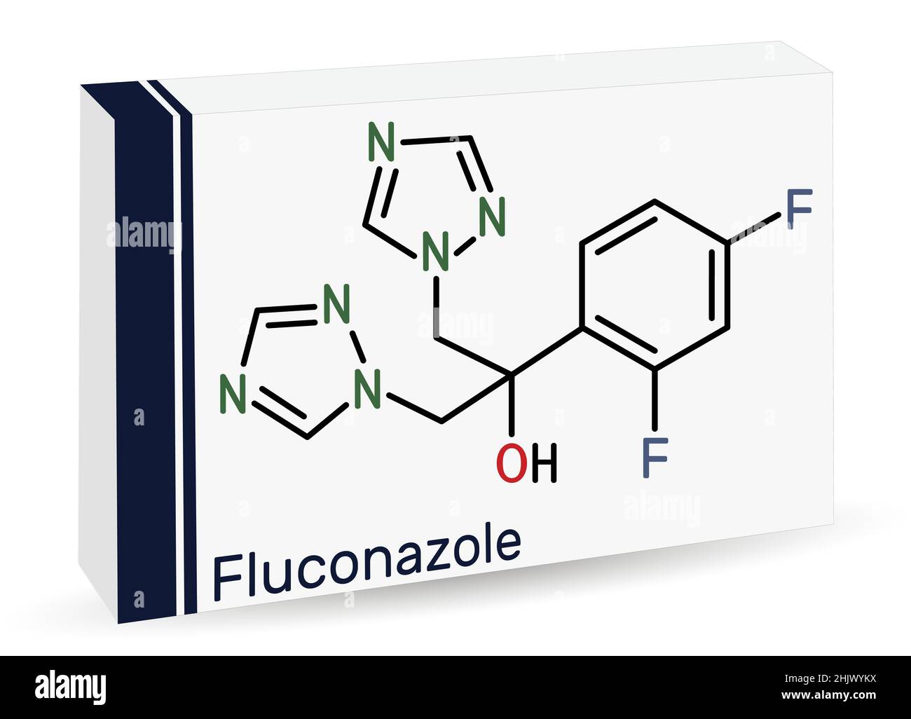 Fluconazole, molecule. It is triazole antifungal medication used to treat fungal infections, candidiasis. Skeletal chemical formula. Paper packaging f Stock Vector