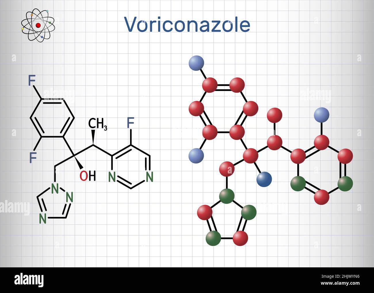 Voriconazole, molecule. It is is  triazole antifungal medication used to treat fungal infection. Structural chemical formula and molecule model. Sheet Stock Vector