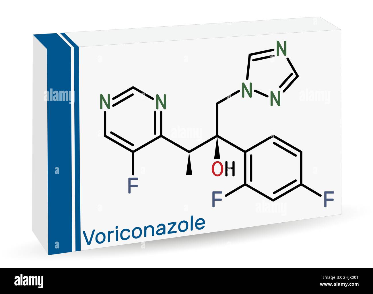 Voriconazole, molecule. It is is  triazole antifungal medication used to treat fungal infection. Skeletal chemical formula. Paper packaging for drugs. Stock Vector