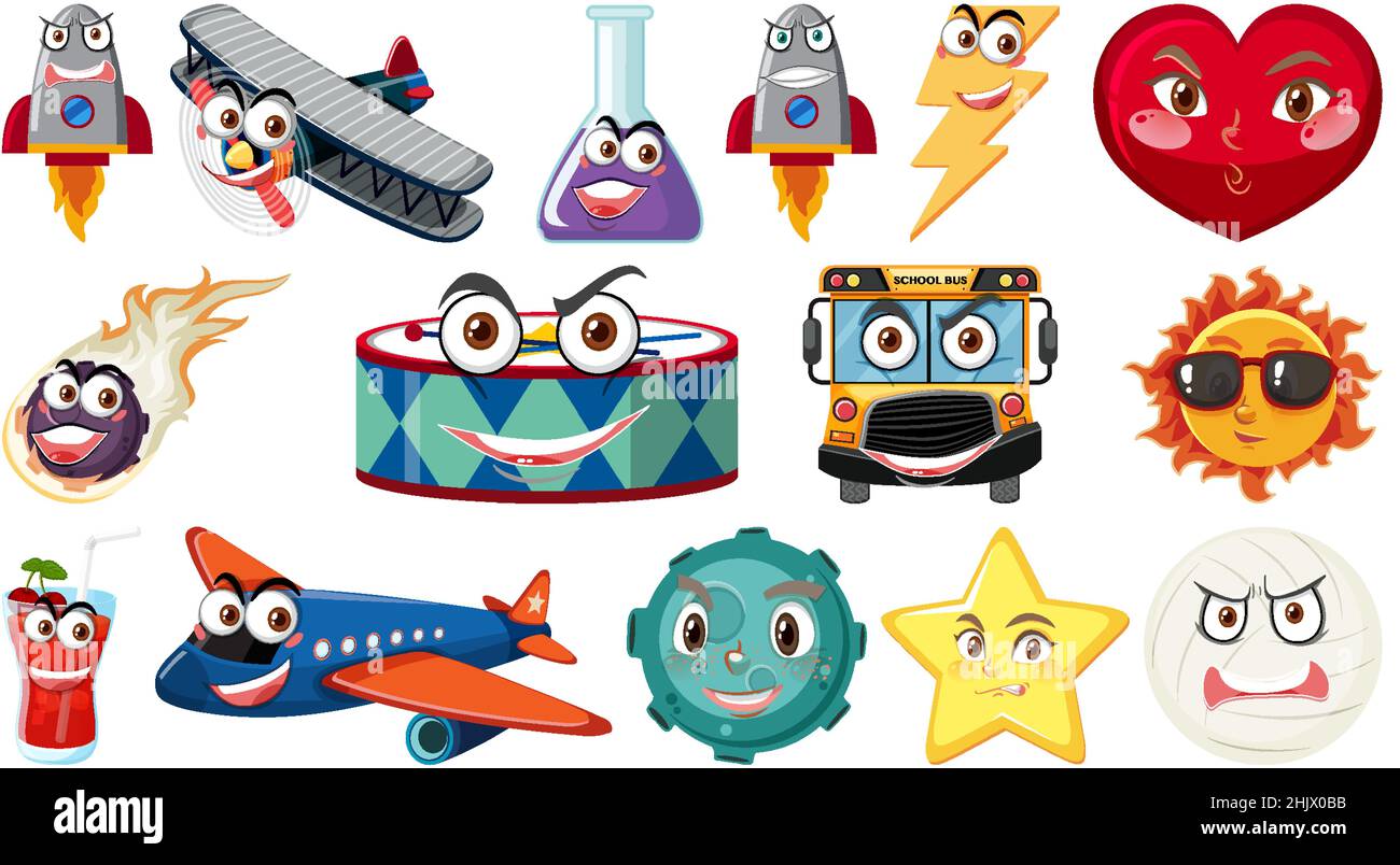 Set of different toy objects with smiley faces illustration Stock Vector