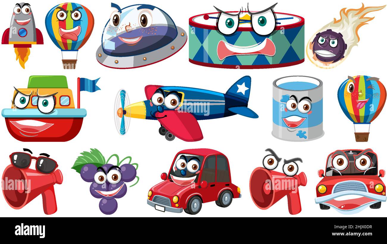Set of different toy objects with smiley faces illustration Stock Vector