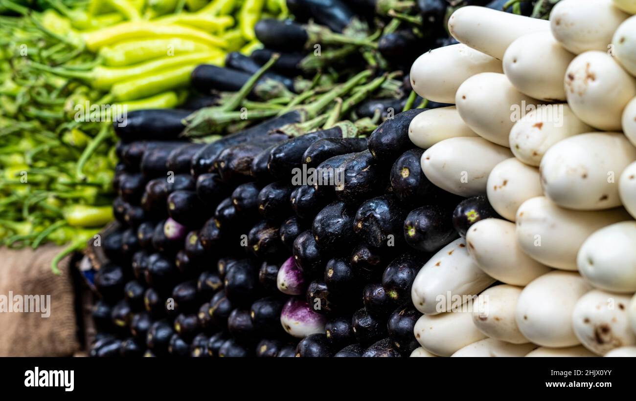 Eggplants in the market. Stock Photo
