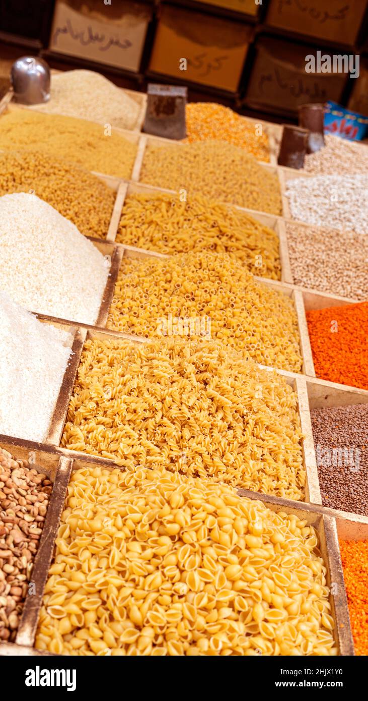 Bowls with various cereals and pasta at the food market Stock Photo Alamy