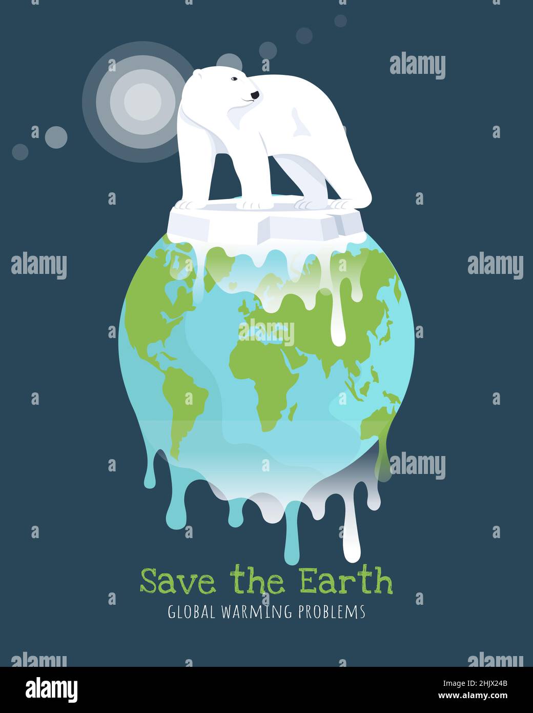 Global warming concept. Polar bear on iceberg on Earth globe. Vector illustration in flat style Stock Vector