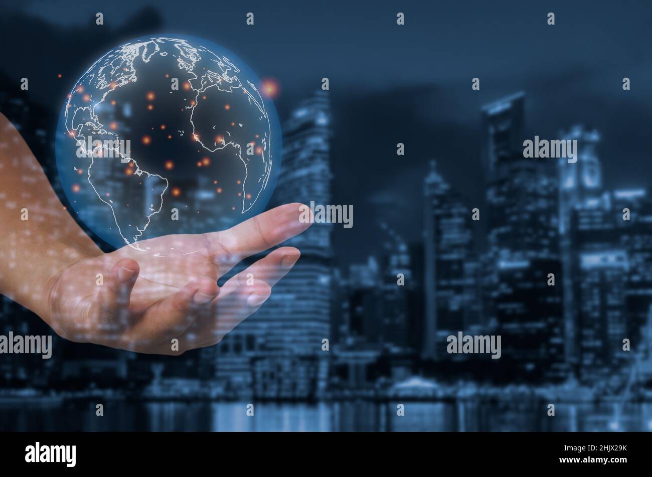 Businessman touching global network communication and data exchanges  world 3D rendering concept. Stock Photo