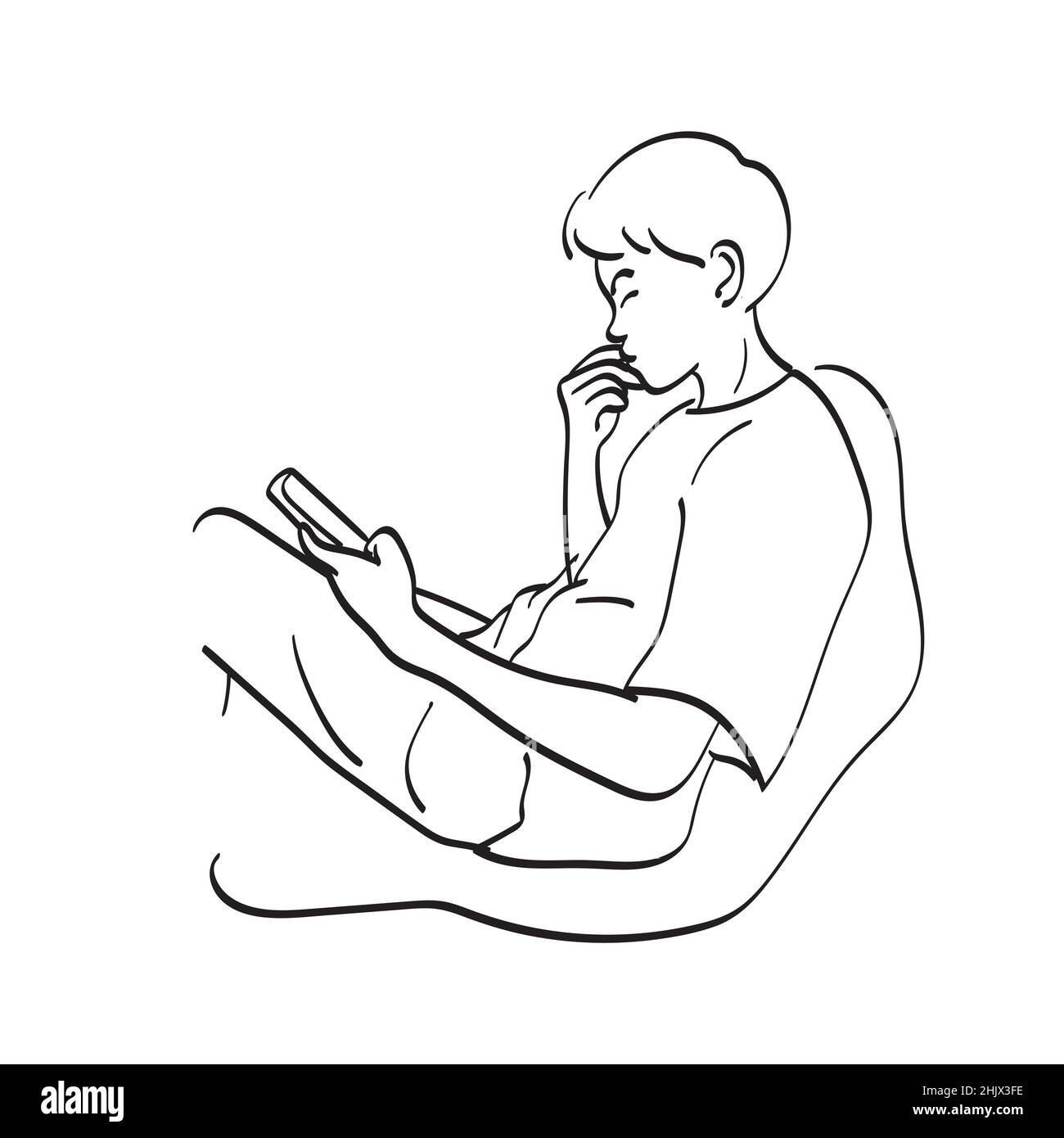 line art full length male teenager using smartphone on sofa illustration vector hand drawn isolated on white background Stock Vector