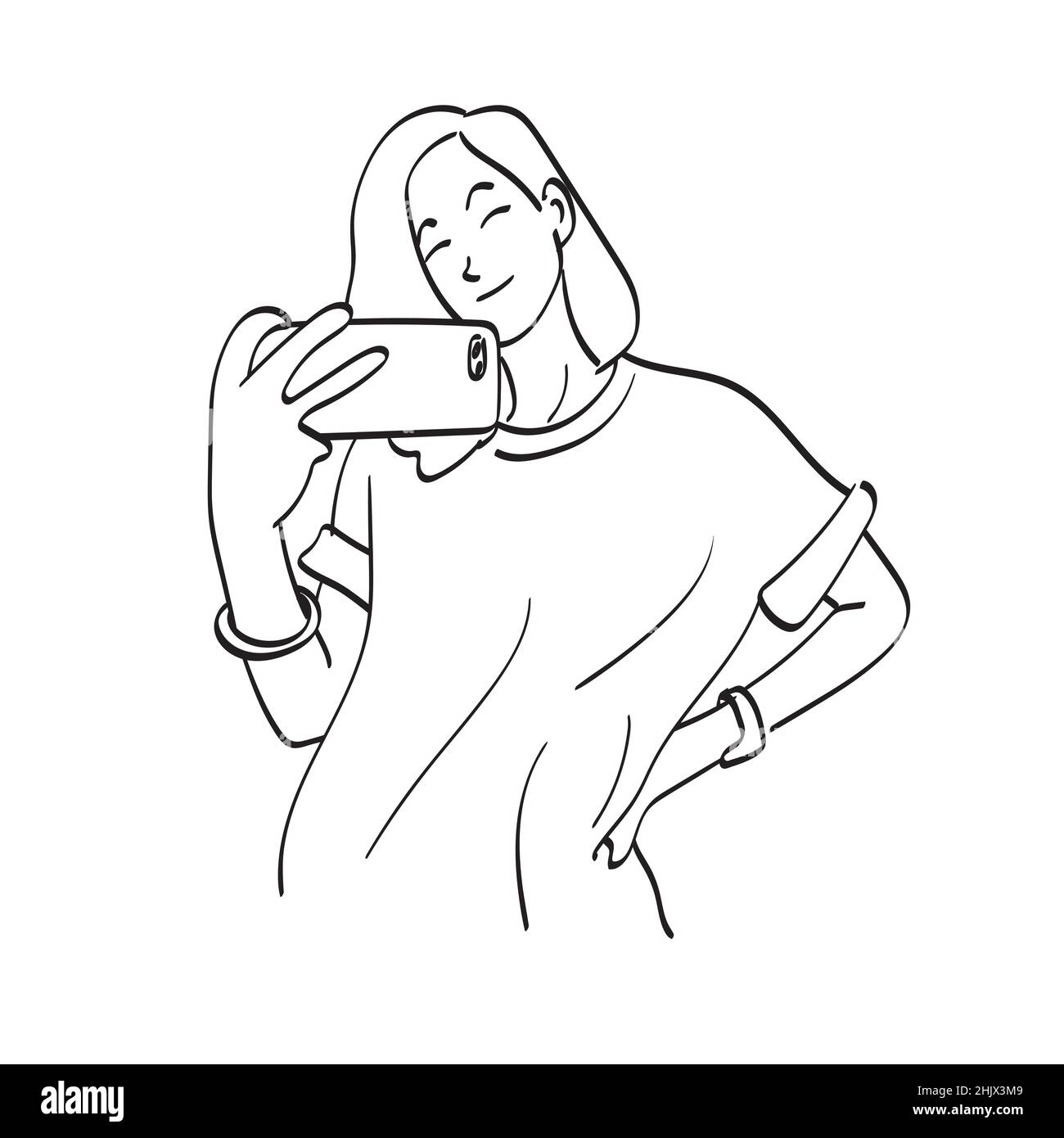 line art half length woman with smiling using smartphone illustration ...
