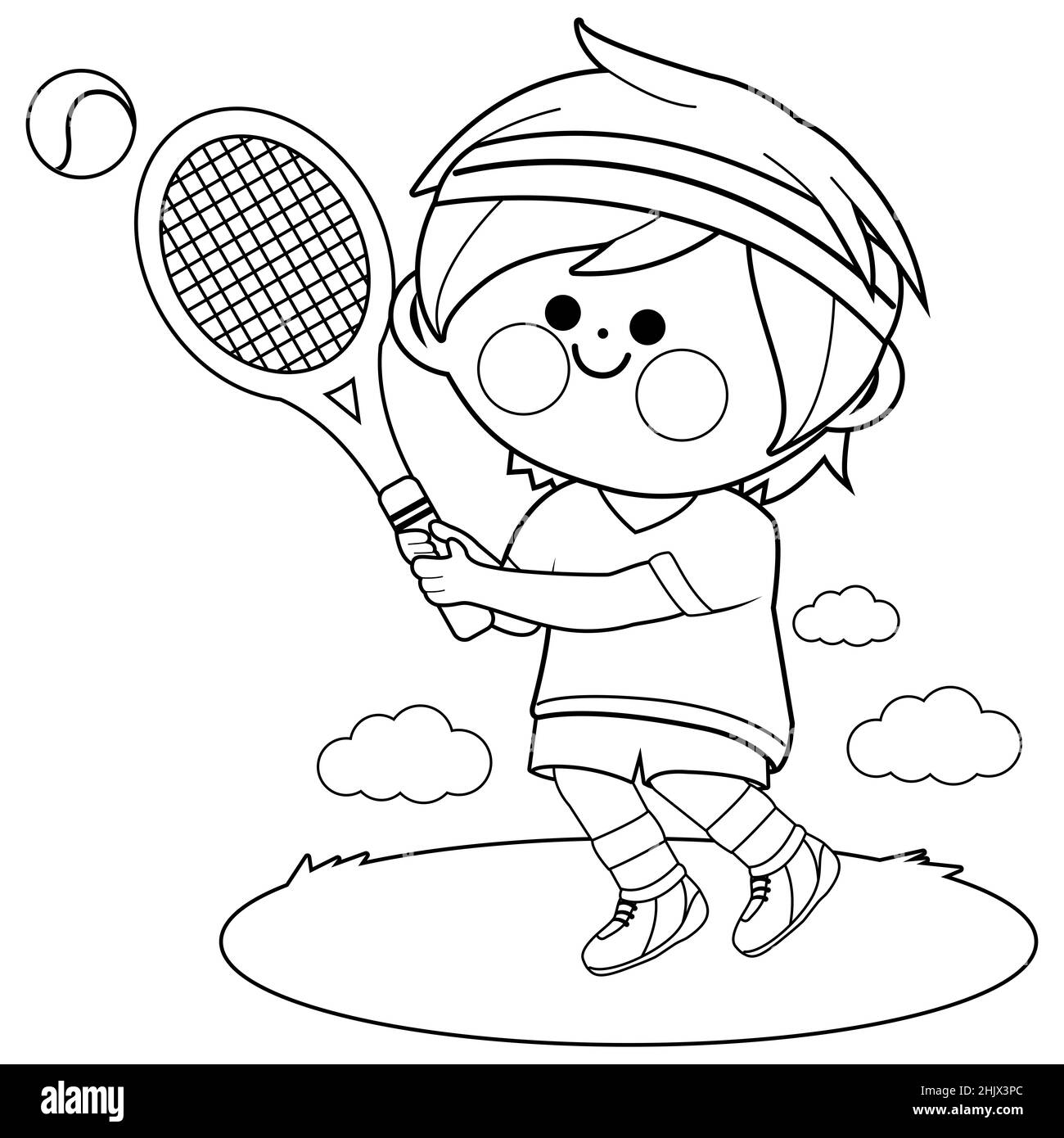 Boy playing tennis. Black and white coloring page Stock Photo