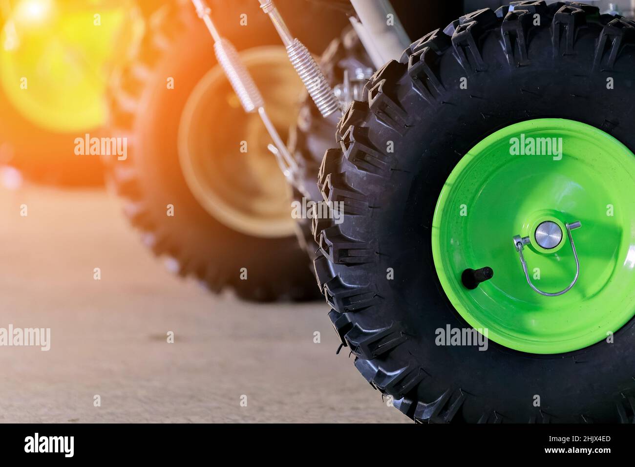 New tire with rubber tire. Detail of technique closeup. Copy space