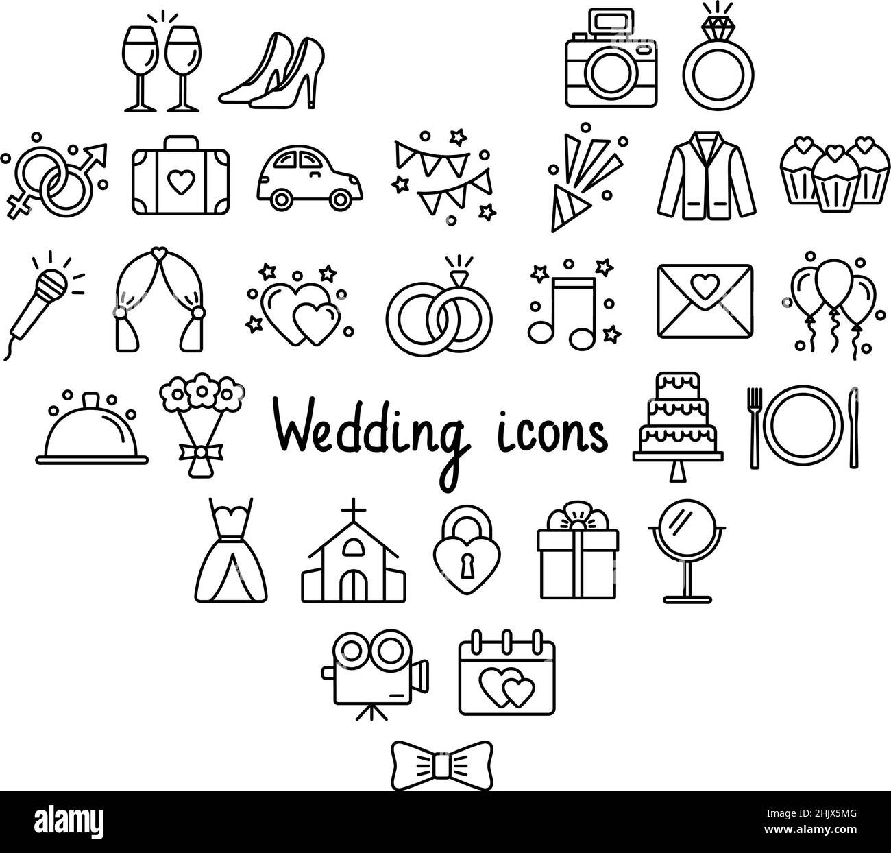 Set of wedding icons on white background, vector illustration Stock