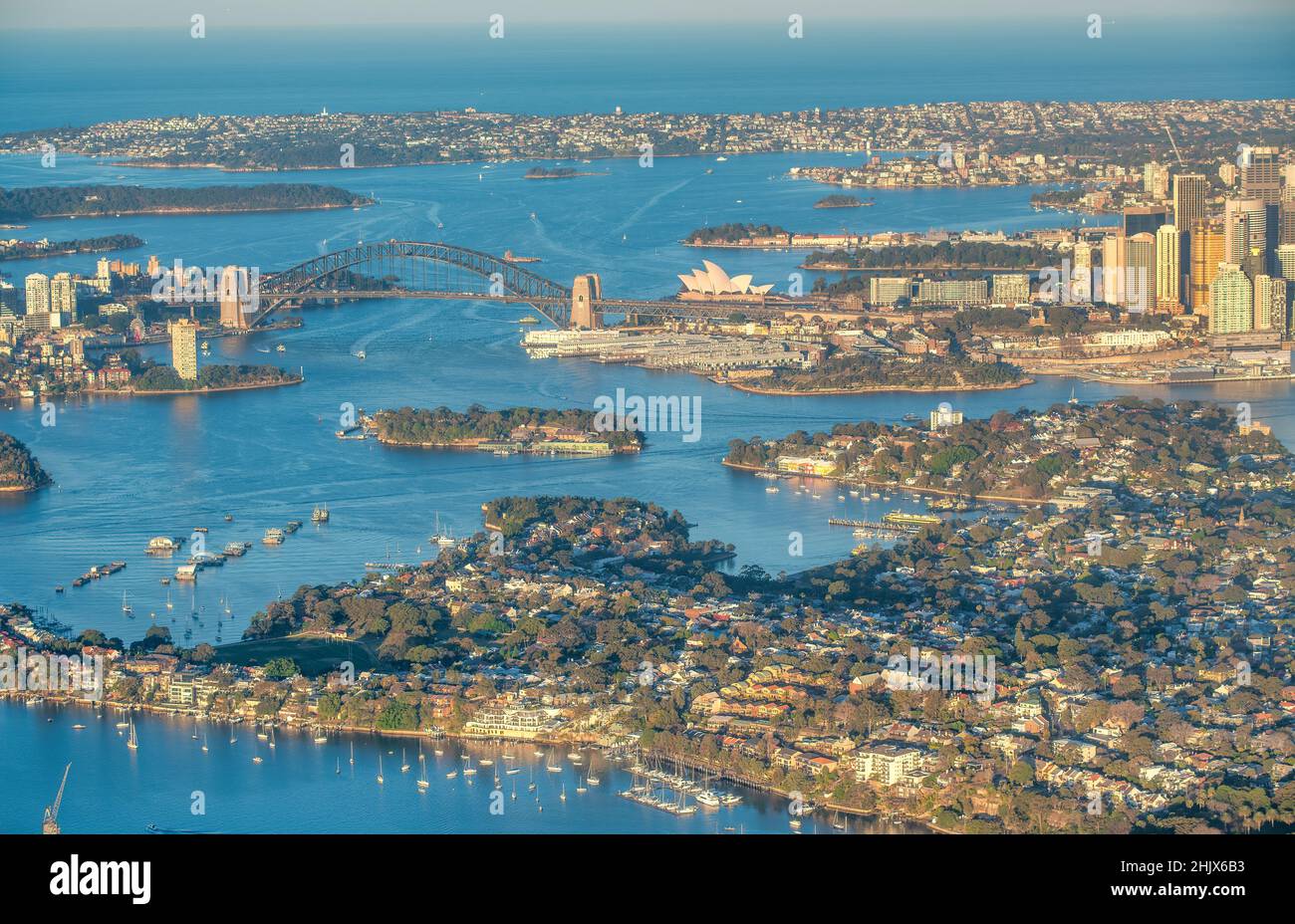 Aerial view of Sydney skyline from ariplane, New South Wales, Australia Stock Photo
