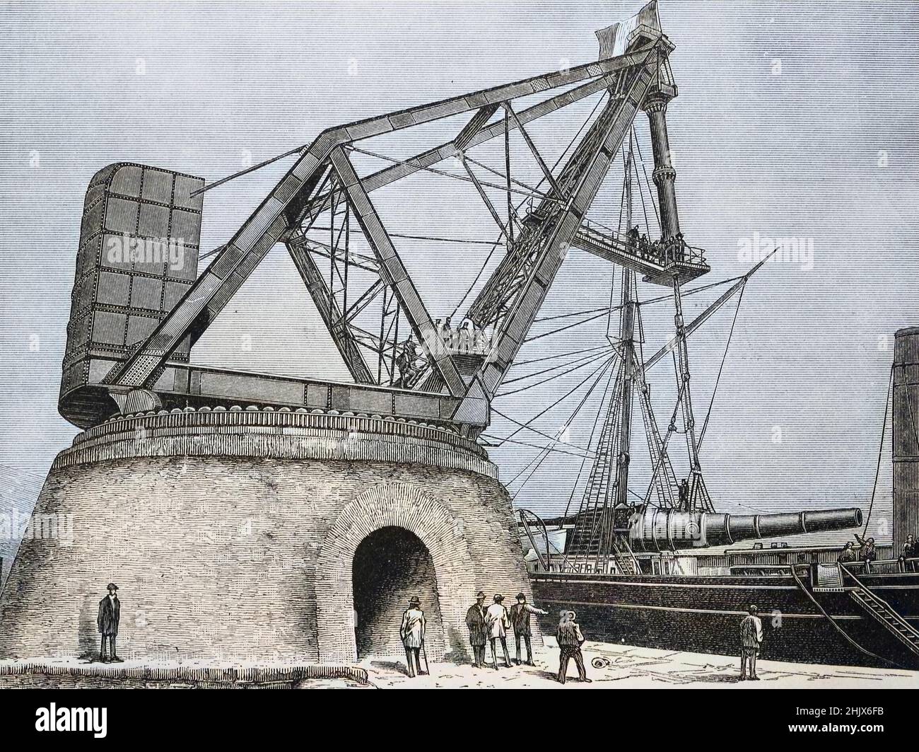 hydraulic crane in the harbor of La Spezia, Italy  /  Hydraulikkran im Hafen von La Spezia, Italien, Historisch, digital improved reproduction of an original from the 19th century / digitale Reproduktion einer Originalvorlage aus dem 19. Jahrhundert Stock Photo