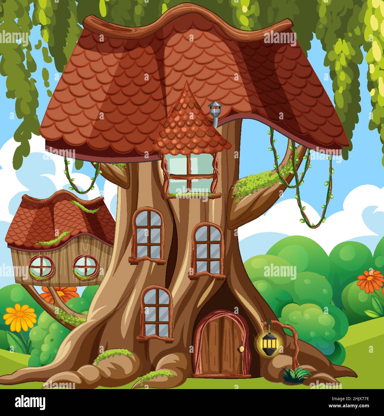 Fantasy tree house in the forest illustration Stock Vector Image & Art ...