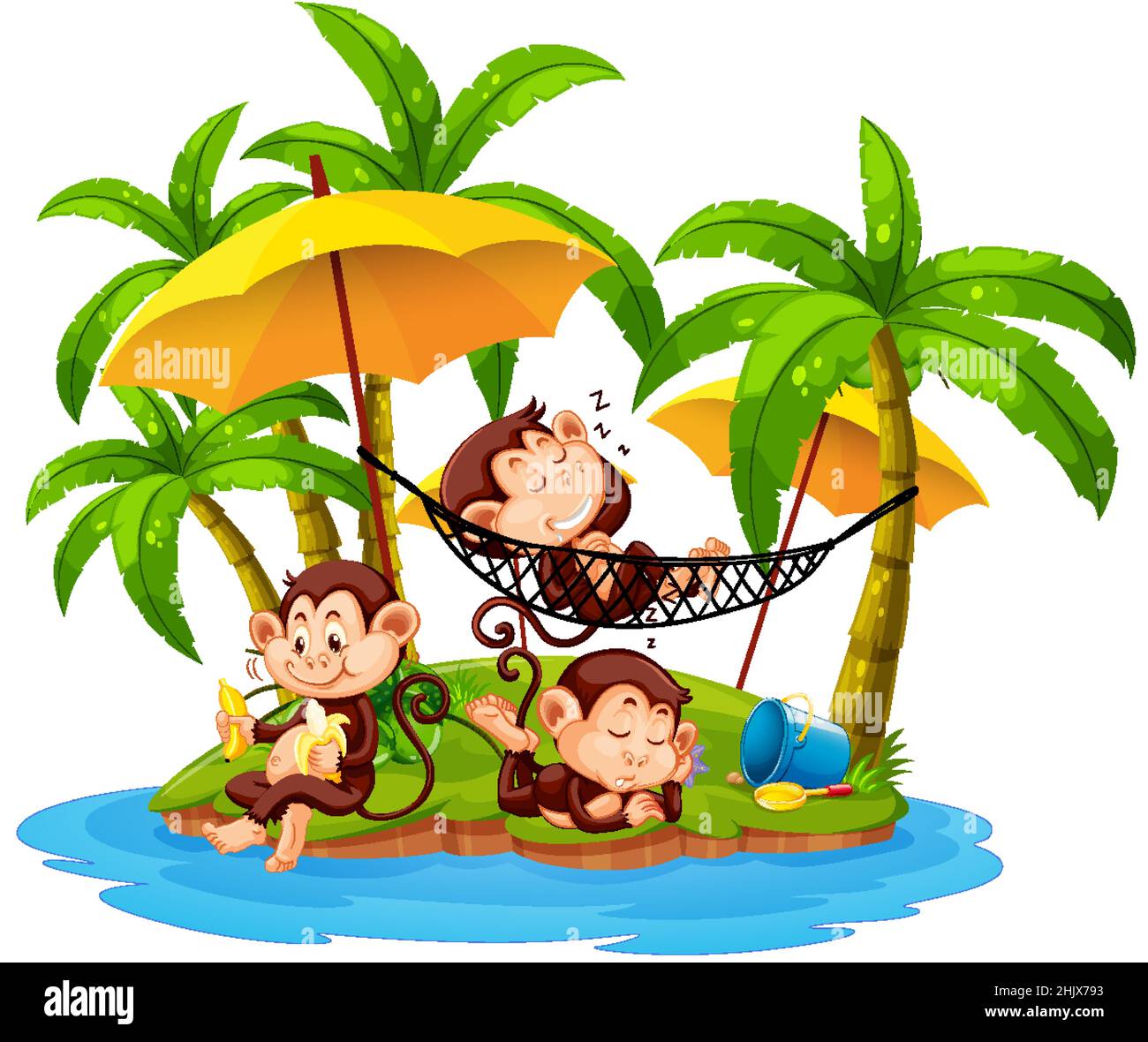 Isolated island with little monkeys cartoon character illustration ...