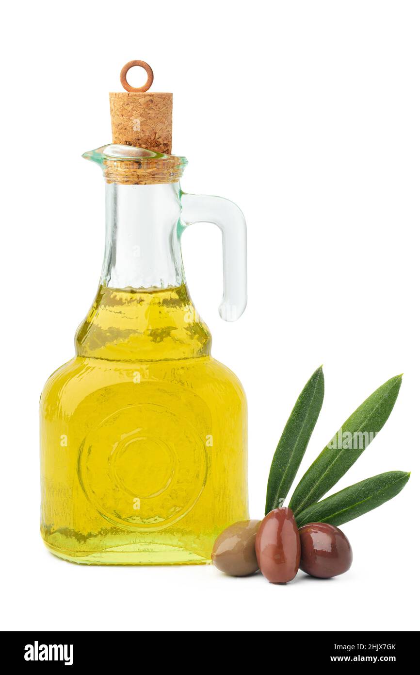 Glass bottle with olive oil isolated on white background Stock Photo