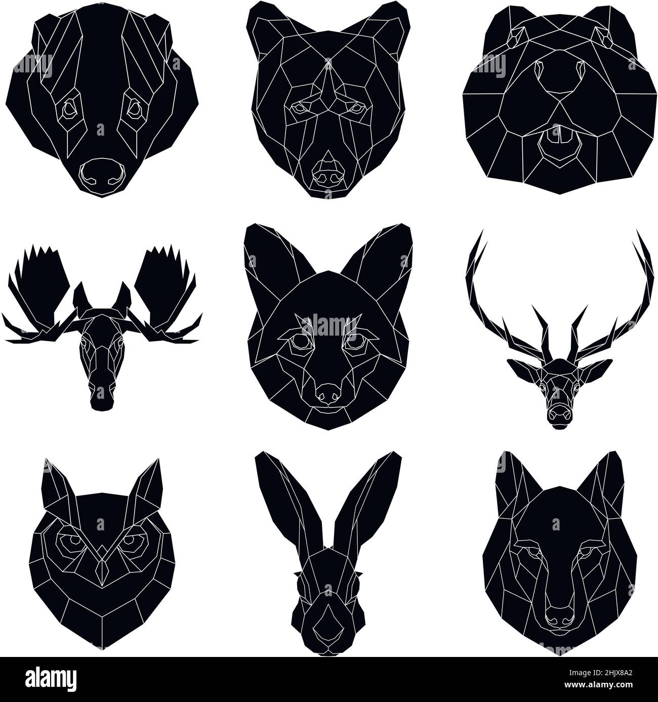 The black geometric heads of nordic animals. Set of polygonal beasts. Vector illustration. Stock Vector