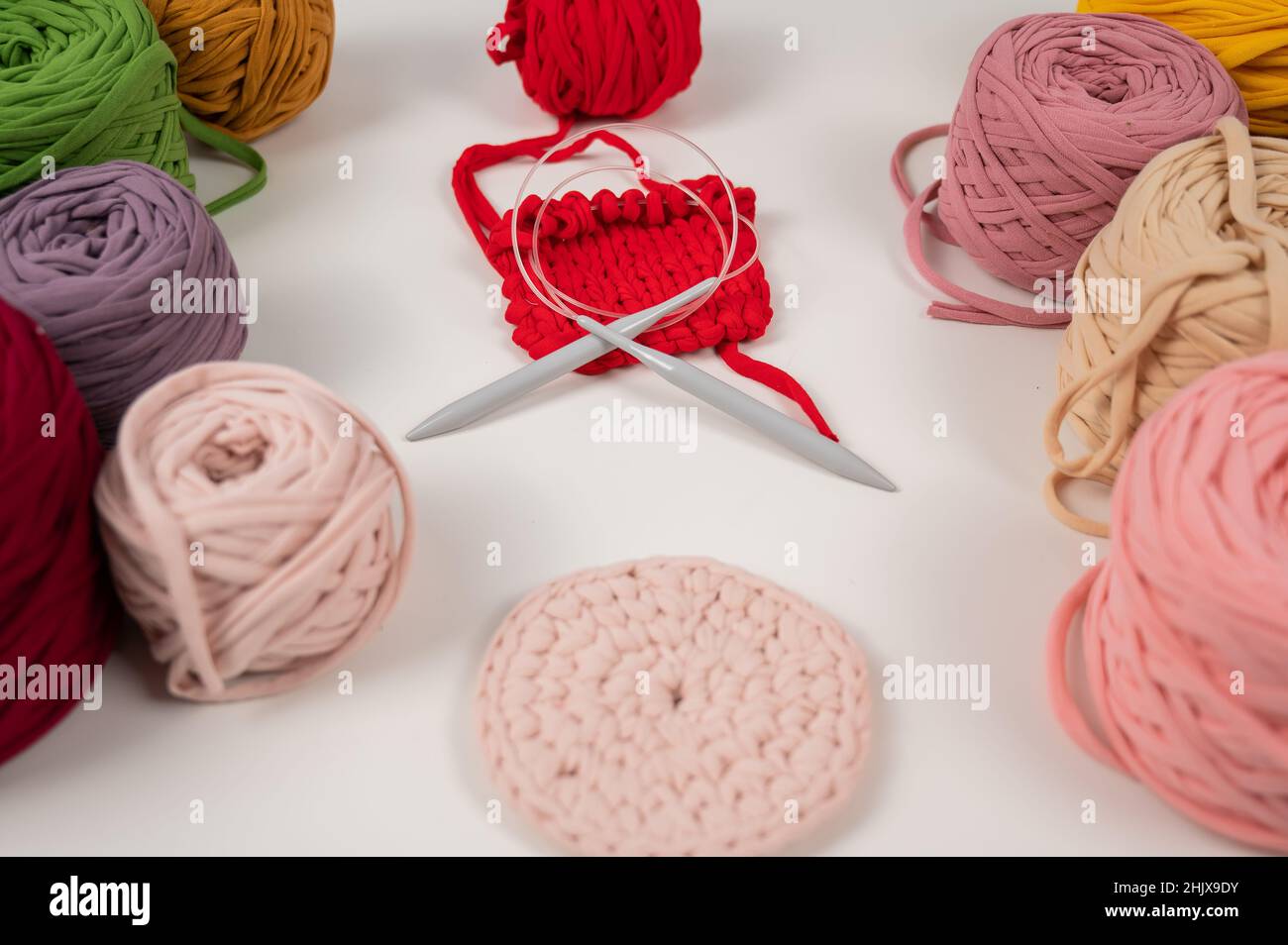 cotton yarn knitting pattern on white table Stock Photo Alamy