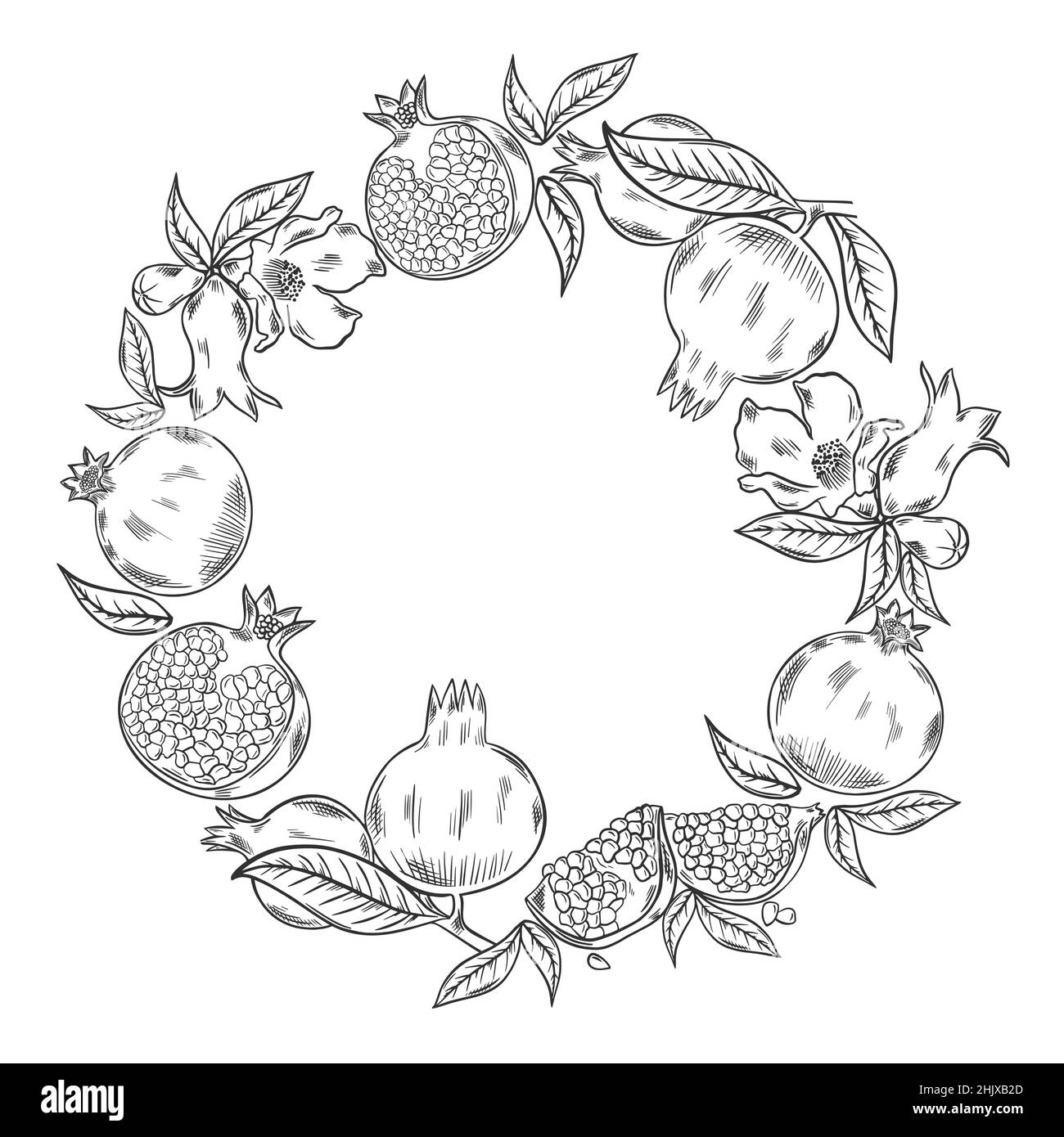 Pomegranate fruits and flowers circular composition Stock Vector