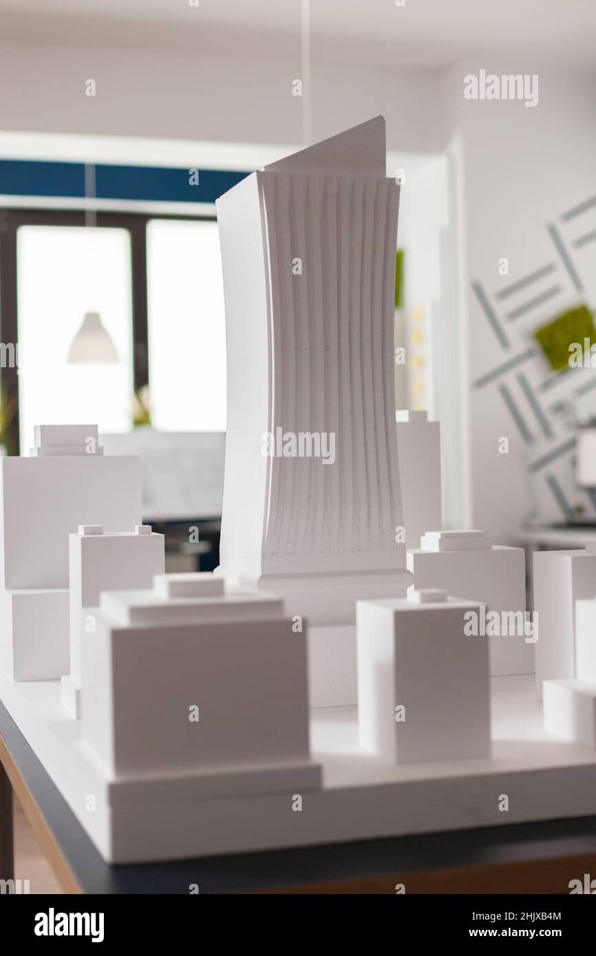 Closeup of 3D white foam architectural scale model of skyscraper ...