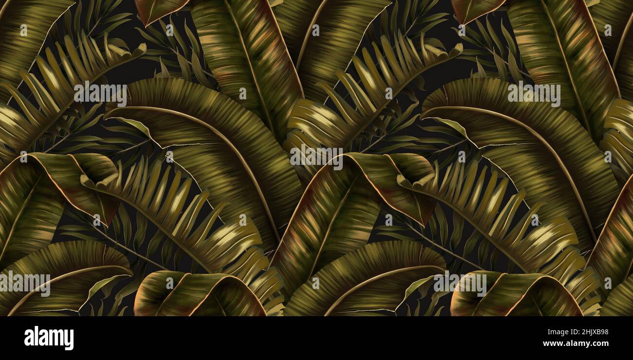 Exotic tropical background with hawaiian plants and flowers. Seamless indigo tropical pattern with monstera and sabal palm leaves, guzmania flowers. Stock Photo