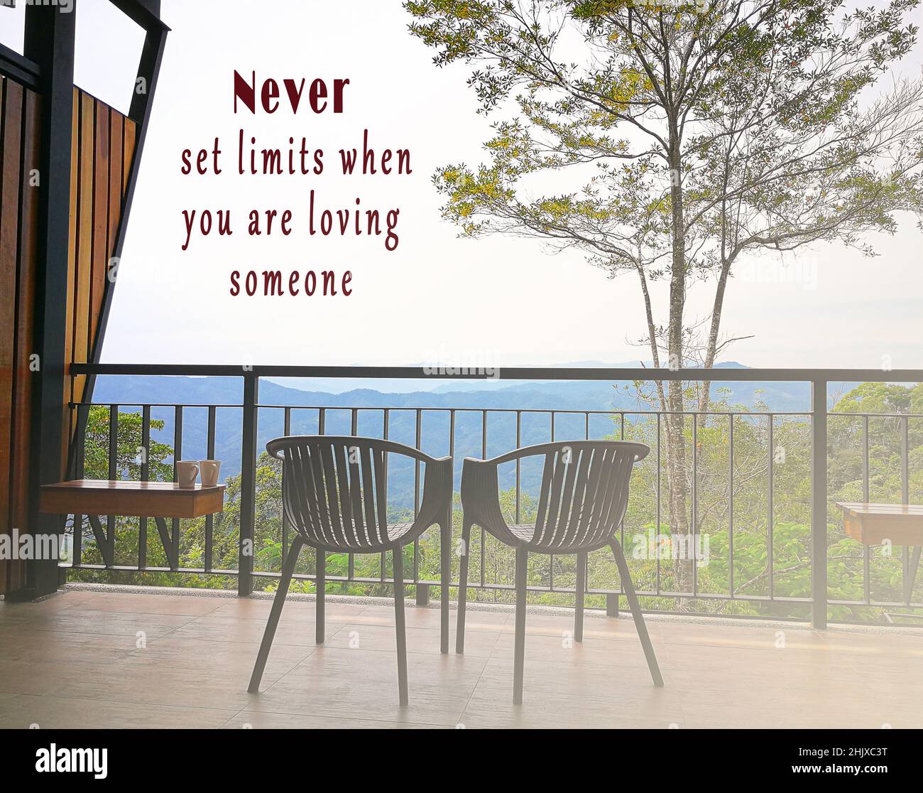 Motivational quote on image of couple chair and view from the balcony