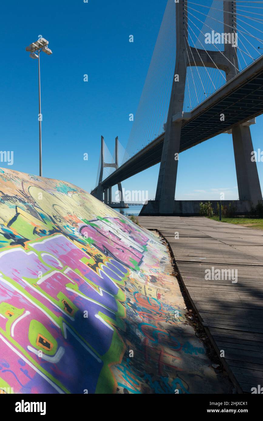 Graffiti at the skate park Expo 98 under the Vasco da Gama bridge at the  Parque das Nacoes / EXPO 98. Lisbon, Portugal Stock Photo - Alamy