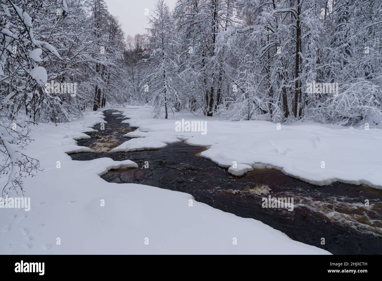 Running raging river with melted mountain water washing icy shores of ...