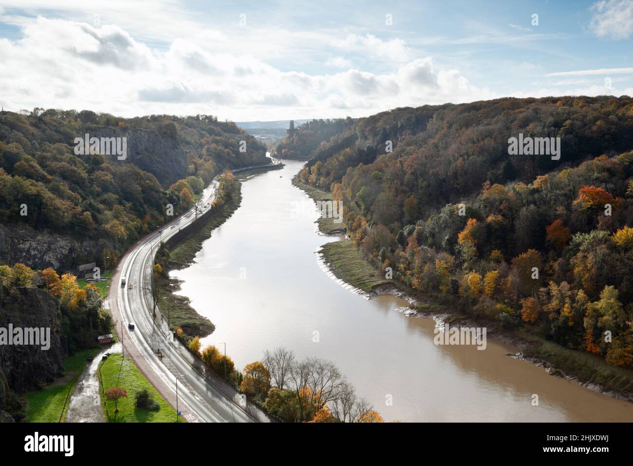 Avon Gorge and Clifton Suspension Bridge with Leigh Woods to the right. Bristol. UK. Stock Photo