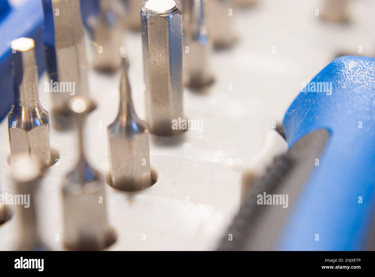 Several fine mechanic bits in plastic bit holder Stock Photo