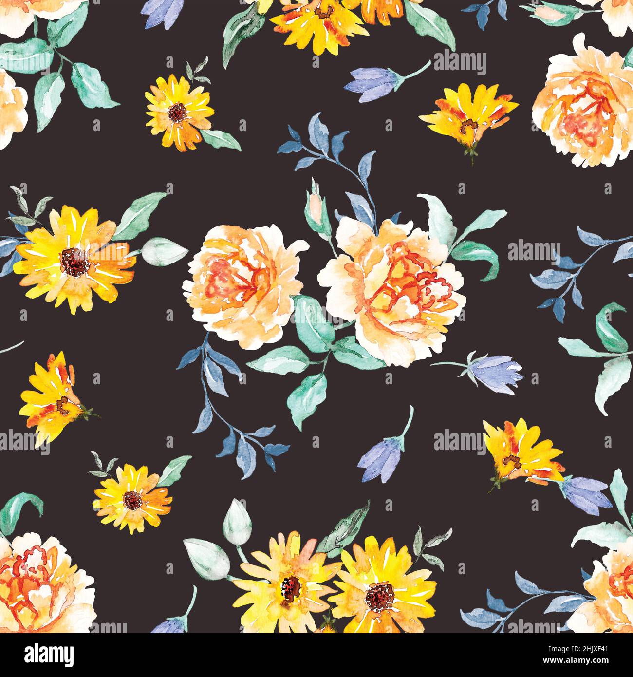 Water color floral seamless patten design on dark background Stock Photo