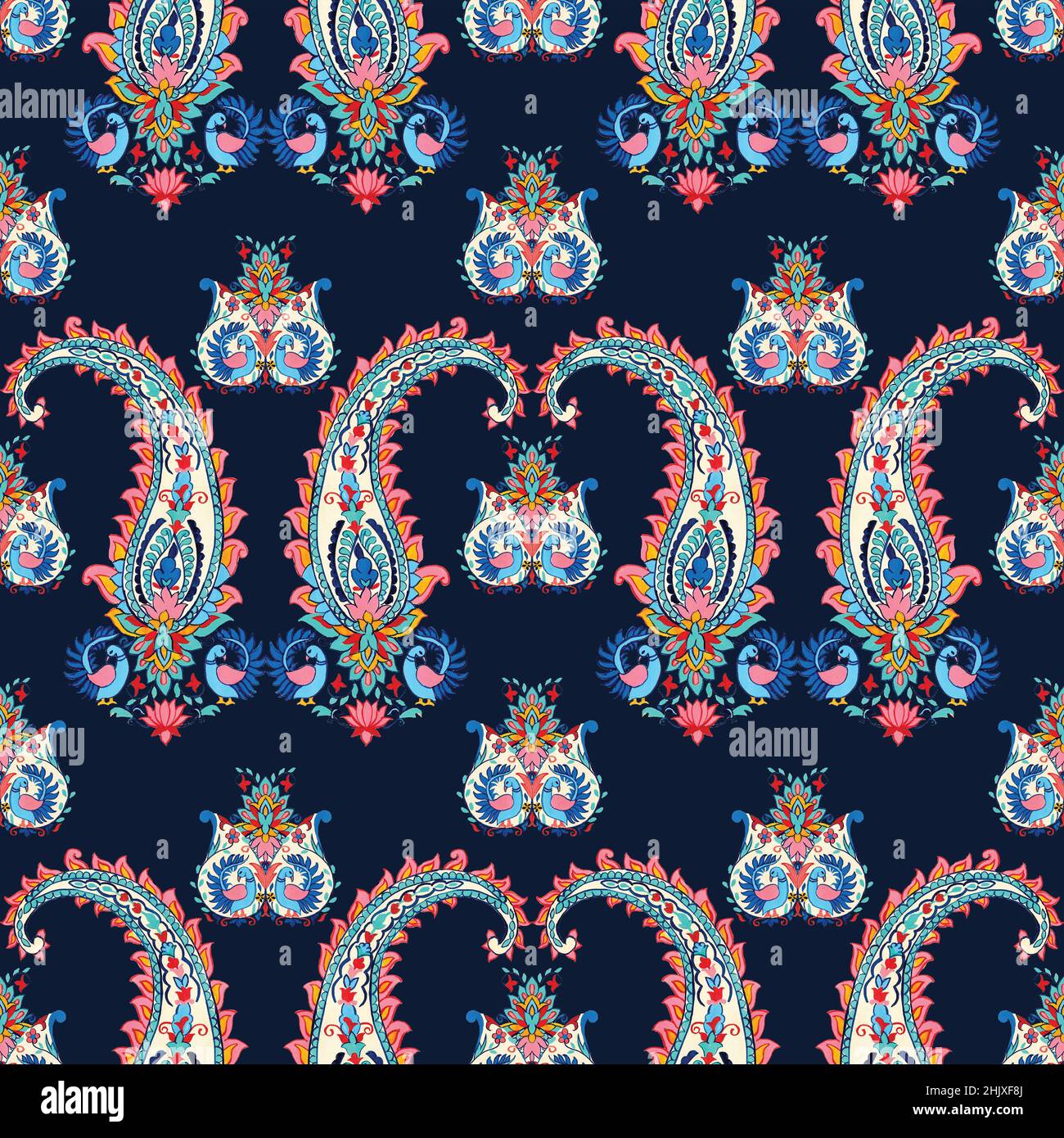 Paisley seamless pattern. Fantastic flower, leaves. Textile bohemian print. Batik painting. Stock Photo