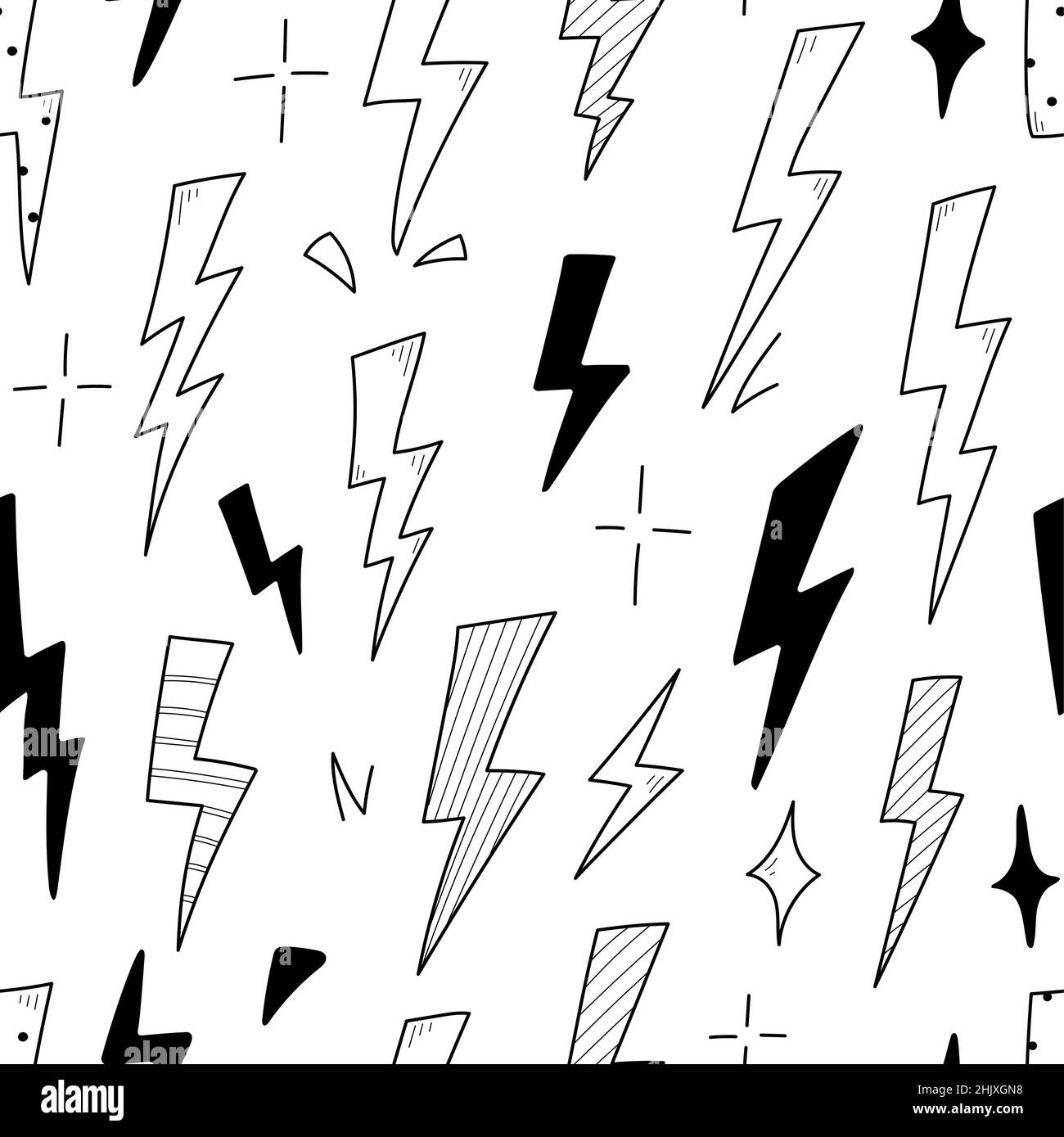 Lightning doodle thunderbolt seamless pattern. Hand drawn doodle sketch